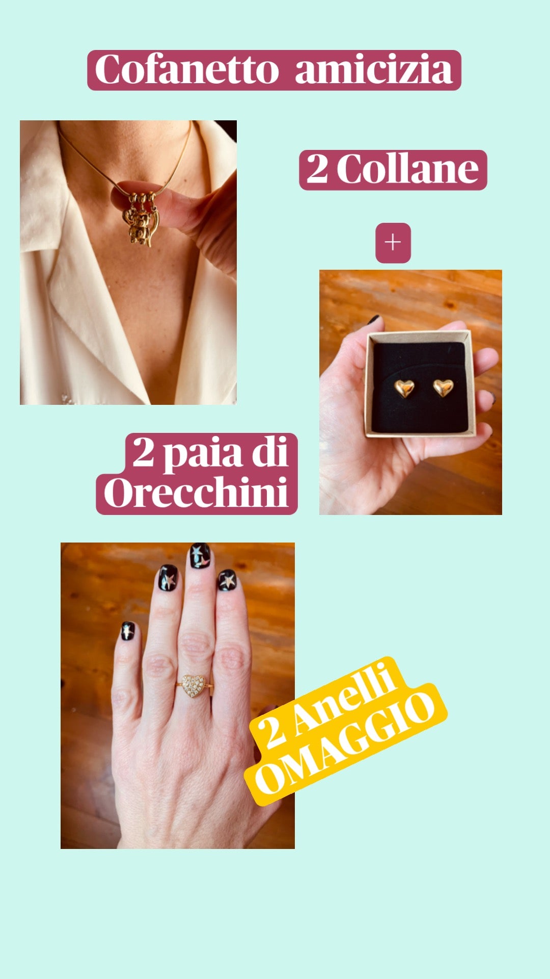 COFANETTO DELL'AMICIZIA( collana+orecchini x 2 + anelli in REGALO)